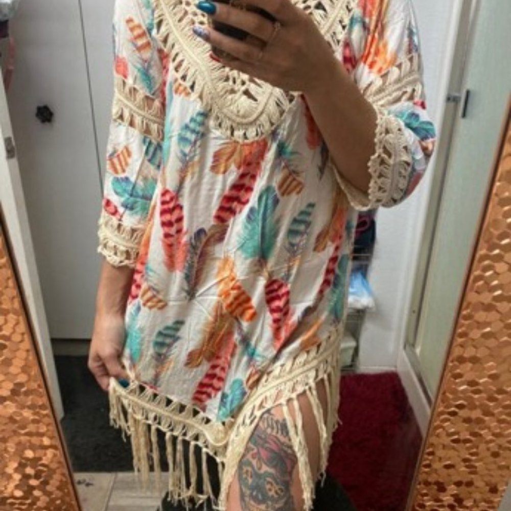 Boho Tribal Feather Print Fringe Detail TOp - Picture 7 of 8